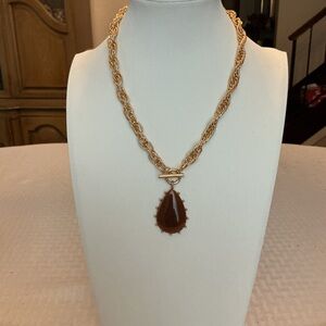 Brown Resin Teardrop Bezel Set Gold Tone Toggle Pendant Necklace